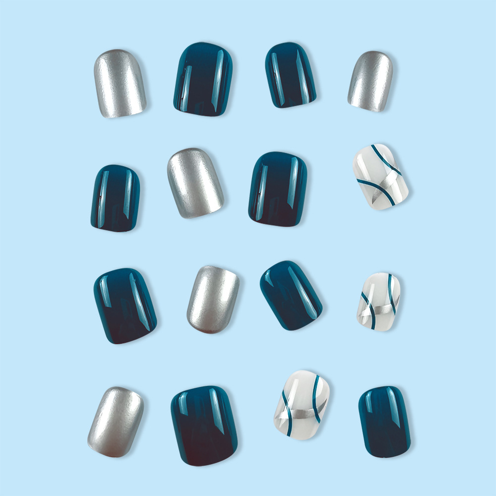 Unas de color azul oscuro plata Yun, uñas cortas cuadradas, estilo simple, estilo atractivo, 24 piezas de parche de uñas terminado. image 5