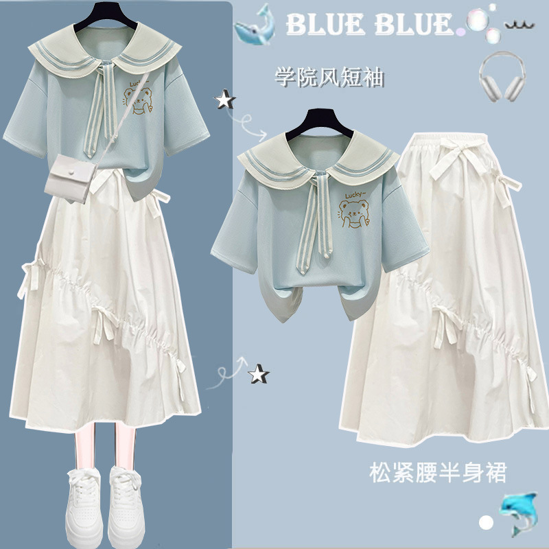 Navy Style Doll Collar Summer Dress for Girls, Summer Dress for Junior High School and High School Students, Sweet and Stylish Mid-Length Skirt