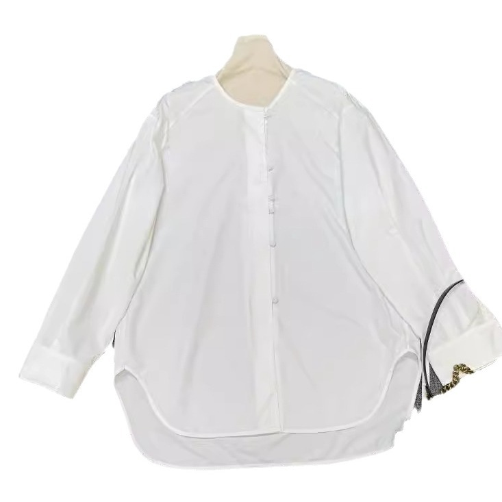 (2개) 간단한 단색 느슨한 피부 친화적 인 통기성 라운드 넥 싱글 브레스트 가을 새로운 긴팔 매일 올 매치 셔츠 탑