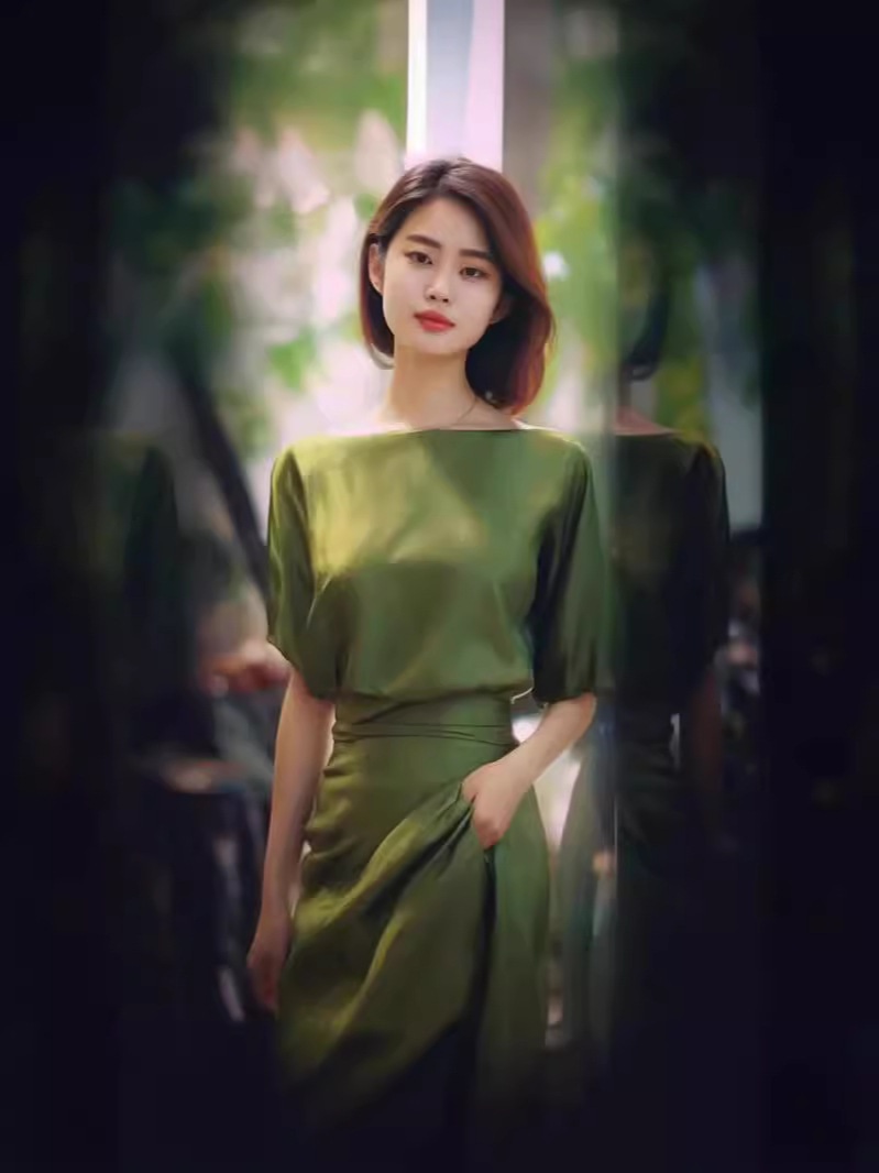 Đầm midi nữ phong cách Pháp eo thon dài qua gối — Váy liền màu xanh lá