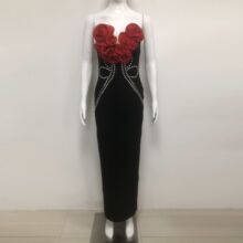 2025欧美秋冬新款时尚性感露背抹胸花朵缩褶裙欧美女装长款连衣裙