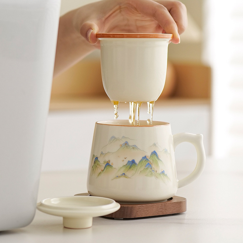 Ru Kiln Tea and Water Separation Tea Cup with Cracked Design, Ceramic Office Mug with Lid, Personal Use Souvenir Ru Kiln Tea and Water Separation Tea Cup with Cracked Design, Ceramic Office Mug with Lid, Personal Use Souvenir