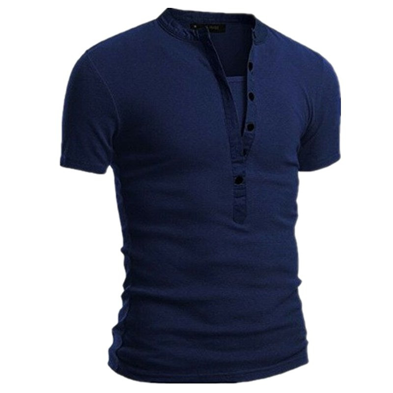 T-shirt d'été à manches courtes et col montant pour homme, couleur unie, coupe slim, boutonné, en forme de V_voghion.com