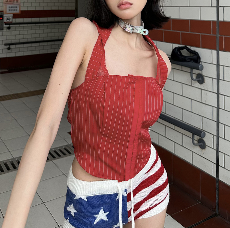 European and American style 2025 spring new women's striped corset hot girl lace waist slimming top