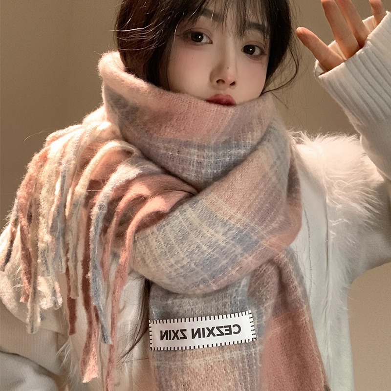 Bufanda a cuadros gris y rosa suave de Waxy Jiji para mujer, otoño e invierno 2025, cálida bufanda de cachemira sintética para estudiantes, chal de doble propósito._voghion.com