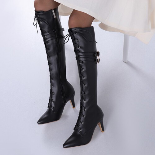 Four-season versatile long boots with belt buckle, steel pipe-style pole dancing shoes—ultra-fashionable women's high-heeled footwear with side zippers.