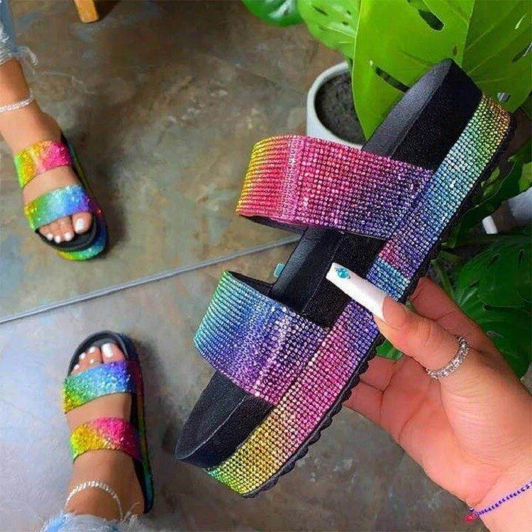 Comercio exterior 43 nueva plataforma al aire libre sandalias de las mujeres rhinestone lentejuelas zapatillas de playa moda muffin zapatillas de cuero