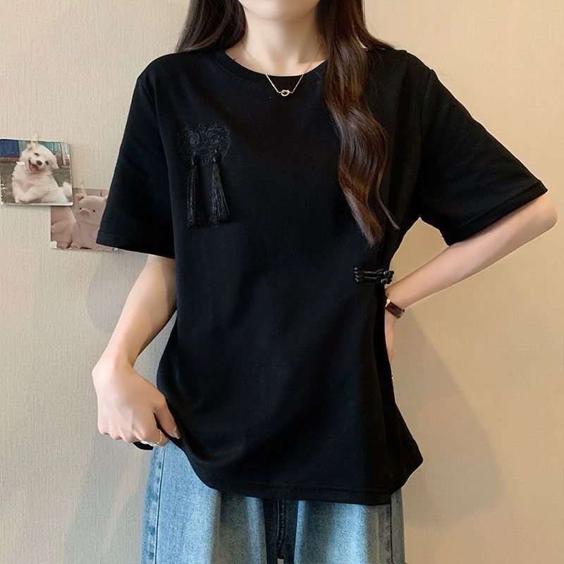 Nueva camiseta de manga corta con botones de borla de estilo nacional chino para mujer 2024 verano nuevo estilo suelto y delgado top de talla grande para mujer ins