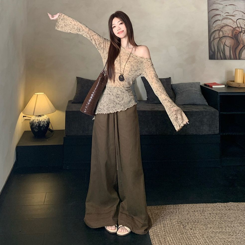 韩系辣妹晕染不规则长袖针织衫抽绳休闲裤女2025春秋新款时尚套装|undefined