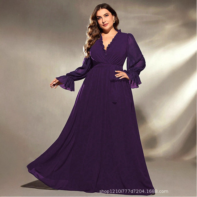 European and American Cross-Border Amazon 2026 Printed Long-Sleeved Dress Women's Deep V-Neck Loose Large Hem Beach Evening Dress