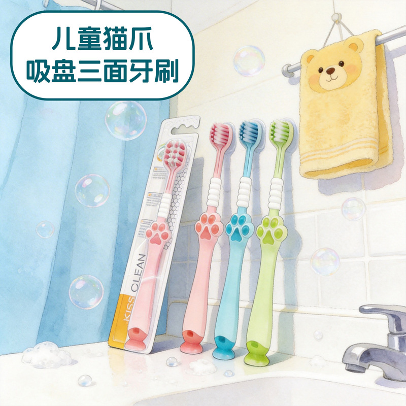 Source manufacturers three-sided toothbrush cartoon cat's paw wholesale household soft hair high-end teeth children's toothbrush 6 to 12 years old