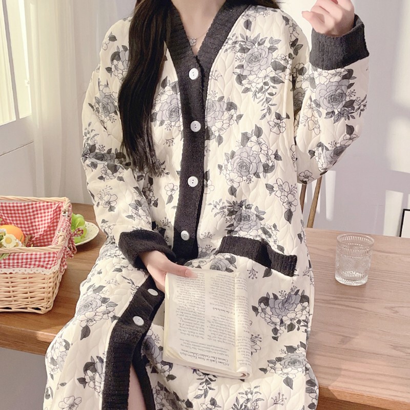 Pregnant Women's Nightgown Spring and Autumn with Chest Pad for Delivery Moon Clothing Thin Postpartum Breastfeeding plus size Outer Wear Long dress