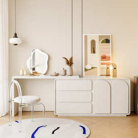 奶油风白色伸缩梳妆台卧室收纳斗柜一体现代简约可转角化妆桌椅