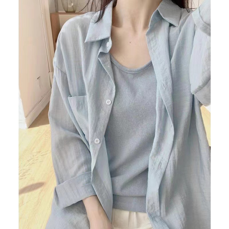 卡其色天丝亚麻长袖防晒衬衫女夏季冰丝薄款棉麻衬衣开衫外套上衣|undefined