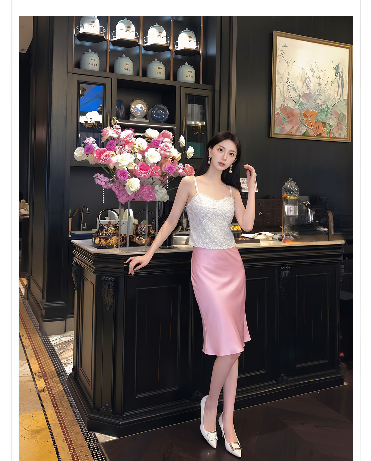 Chân váy xếp ly nữ phong cách Trung Hoa mới, dáng xòe thanh lịch — màu đen, màu xanh hồ, màu hồng, màu hồng đậm chi tiết 16