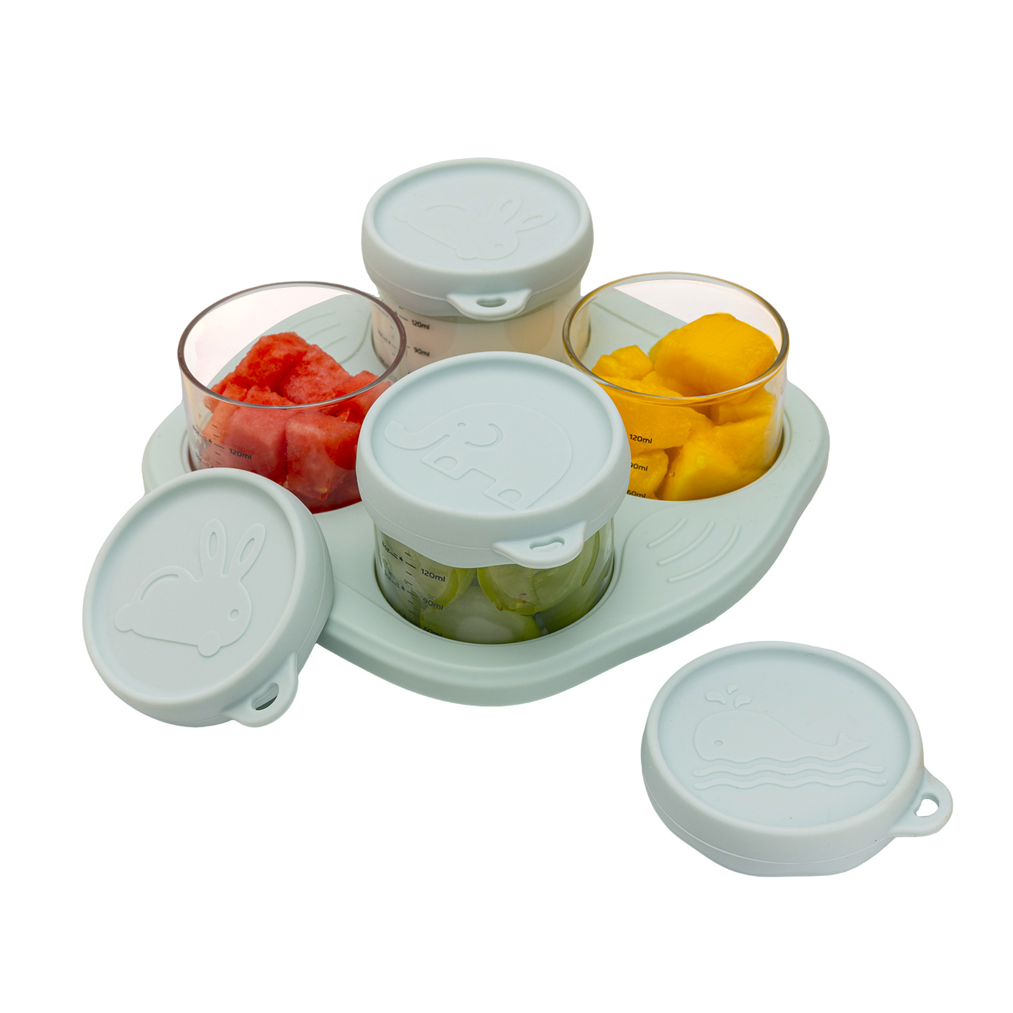 Four-In-One Food Storage Container Set: Glass Bowl with Scale, Baby-Specific Tray with Lid, Baby Food Jar, Children's Tableware Set