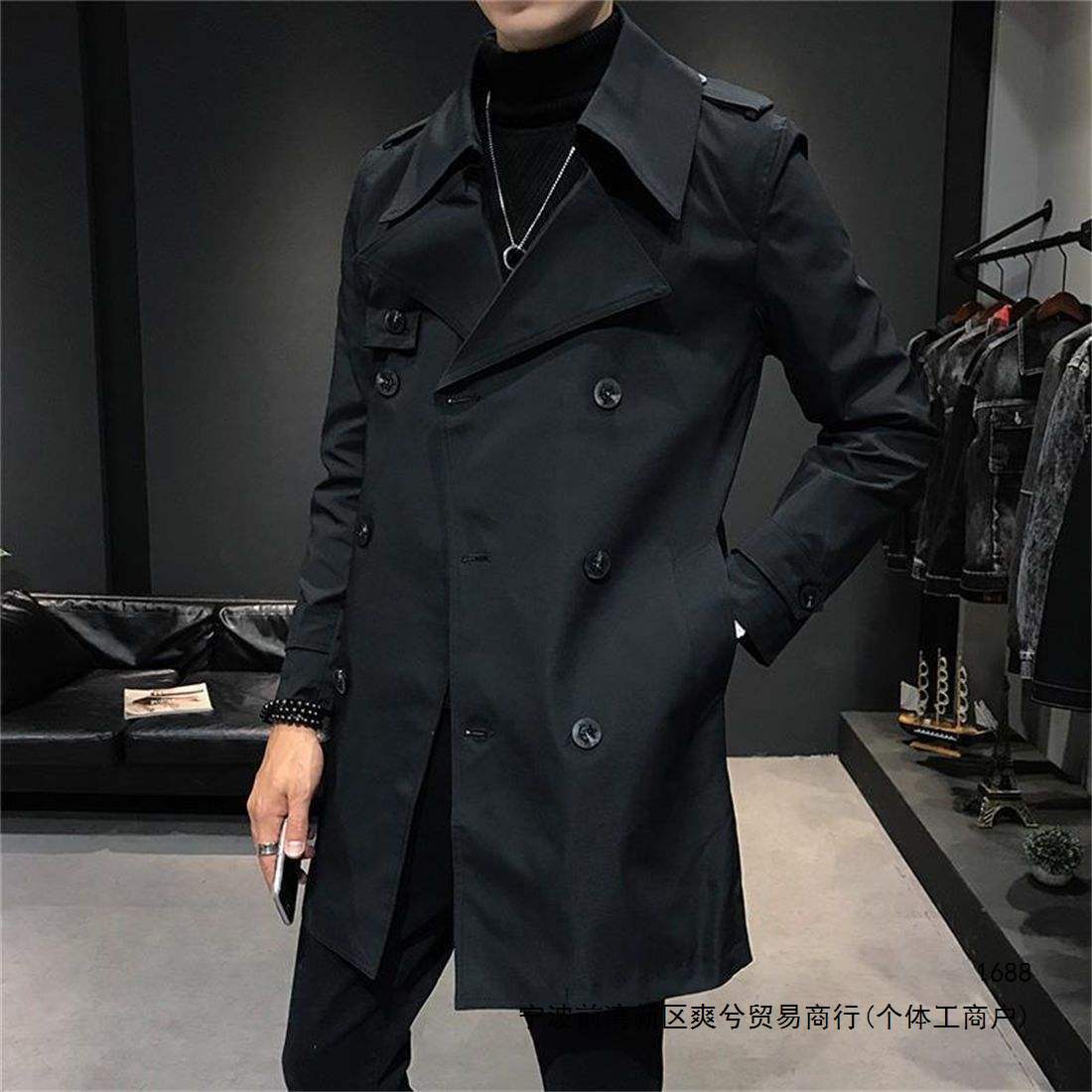 Men's mid-length trench coat, Korean style, slim fit, trendy autumn thick coat, 2026 handsome spring casual student coat.