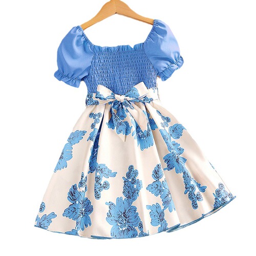 2024 Girls' Summer Dress New Children's Formal Wear Short Sleeve Printed Princess Dress European and American Children's Clothing Wholesale
