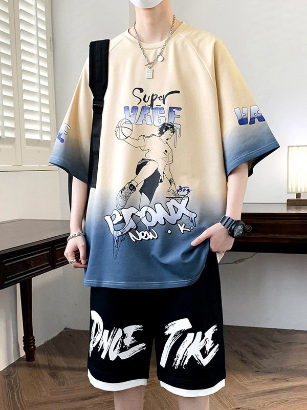 ティーンエイジャー半袖Tシャツスーツ、男の子中学生・高校生夏服、年長児純綿スポーツウェア、トレンディで涼しい薄手スタイル|undefined