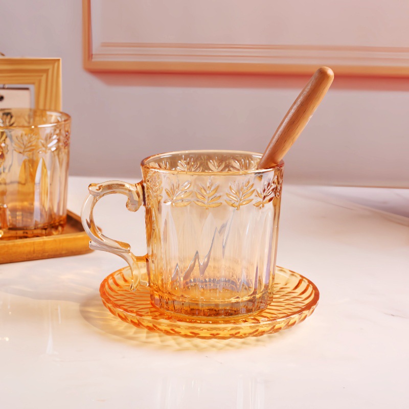 Taza de vidrio simple, taza de café de alto valor con mango, taza de agua en relieve, reunión anual de regalo.