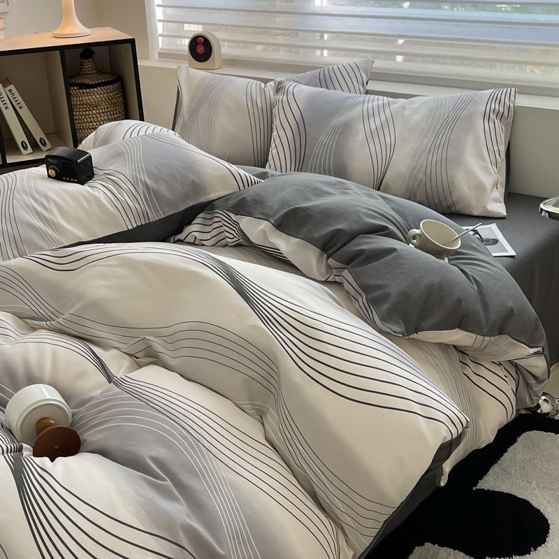 Conjunto de cama de quatro peças em algodão puro, estilo nórdico minimalista francês retrô, para dormitórios masculinos. Inclui capa de edredom e lençol._voghion.com