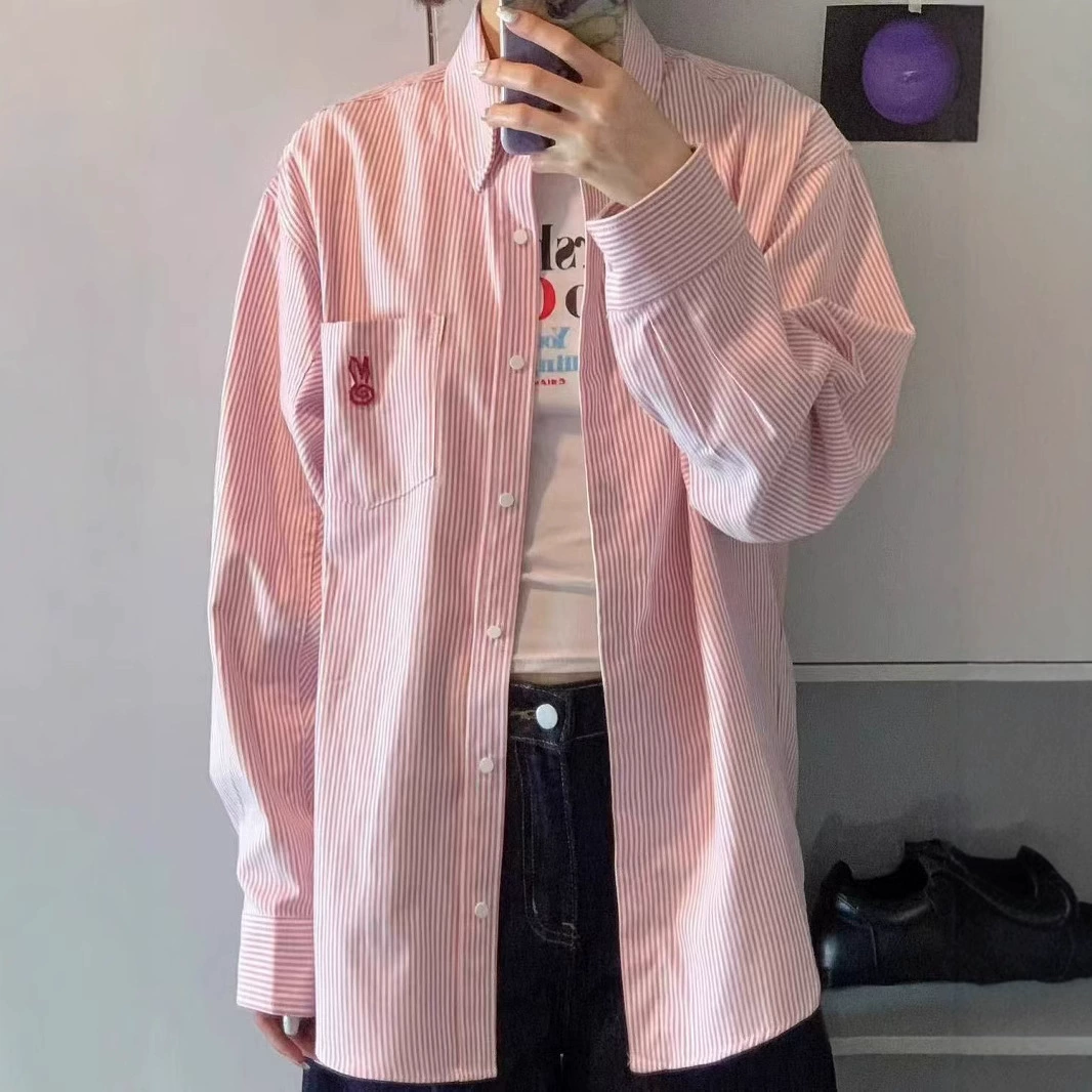 Японская милая вышивка кролика розовая полосатая рубашка женская весна-лето новый дизайн ленивый стиль