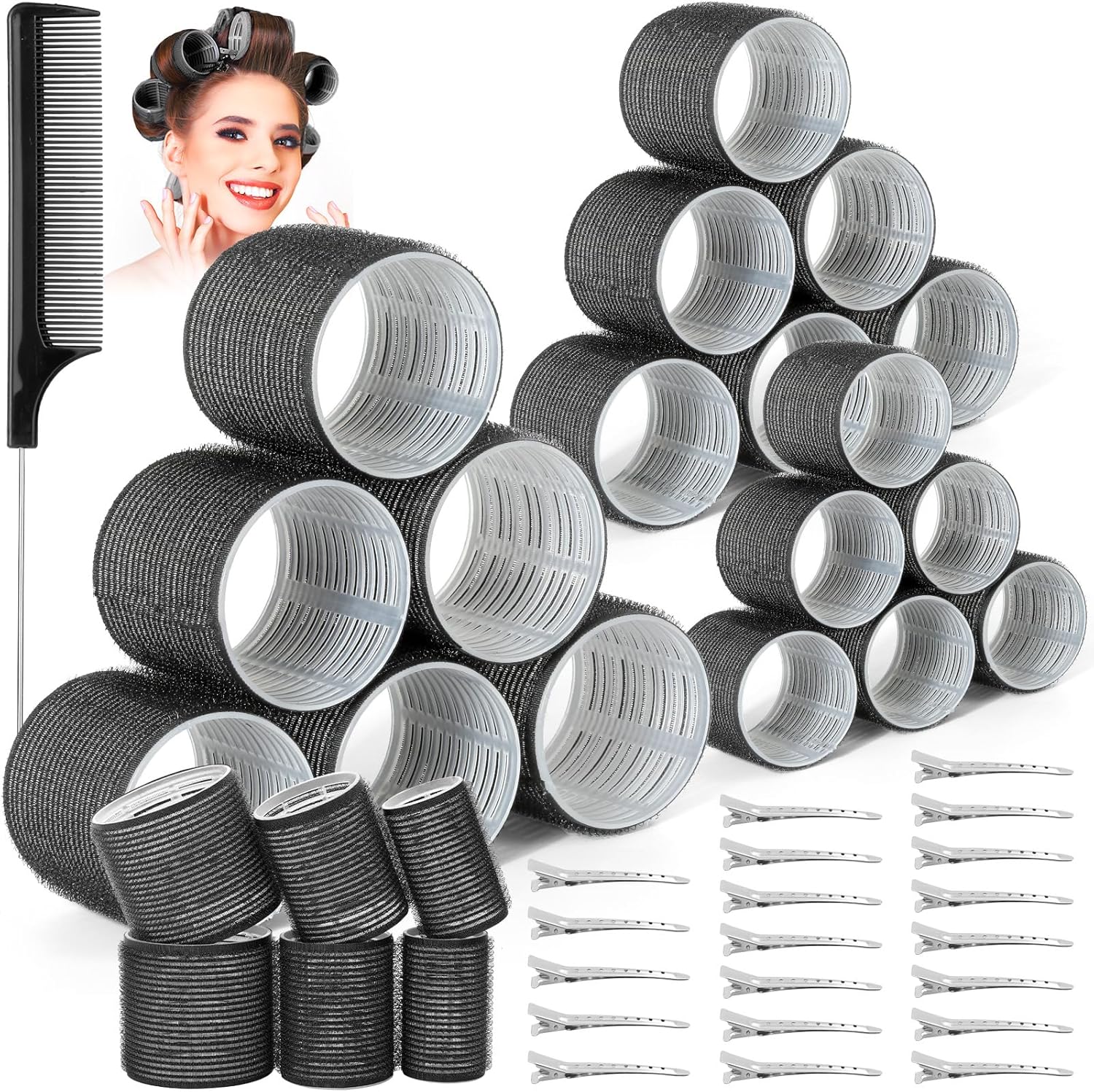 37-Piece Set of Black Hair Curlers with Clips in Three Sizes 64mm, 44mm, 36mm, Suitable for Long, Medium, and Short Hair