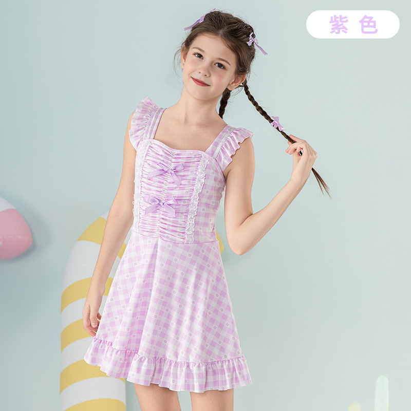 Traje de baño de una pieza para niñas, verano, princesa, estilo 2025, nuevo estilo, niña grande, dulce traje de baño de estilo occidental a cuadros al por mayor