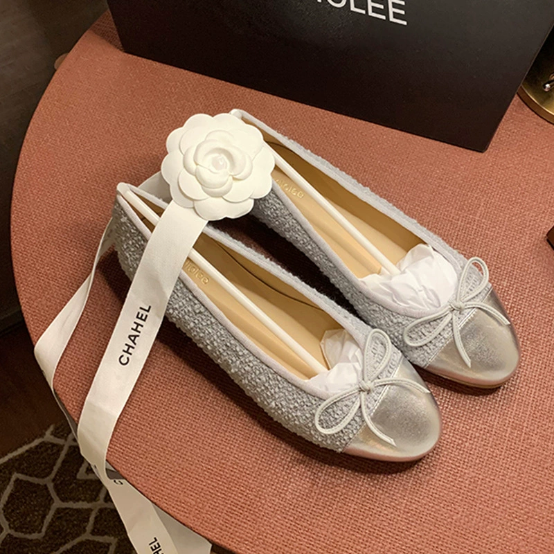 Плоские балетные туфли (в стиле Chanel) с низким вырезом и бантом, классический носок, размеры 33–43