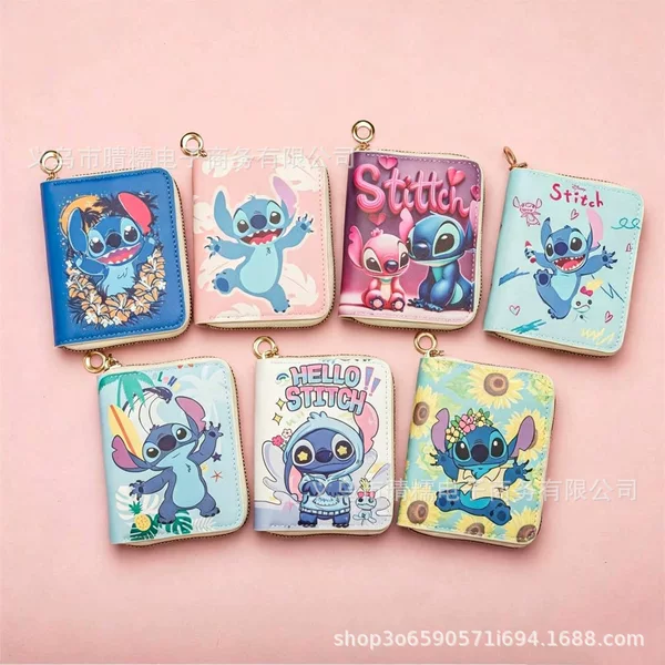 In-Stock Cartoon Stitch European and American Style Cartoon Pu Wallet Student Short Zipper Bag Coin Purse Id Holder Card Holder