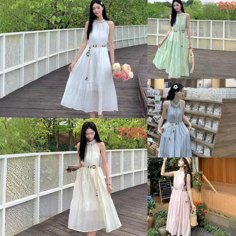 Bohemian Sling dress Ethnic Summer New French Style Super Fairy Mori Style Seaside Holiday Long Dress with Belt