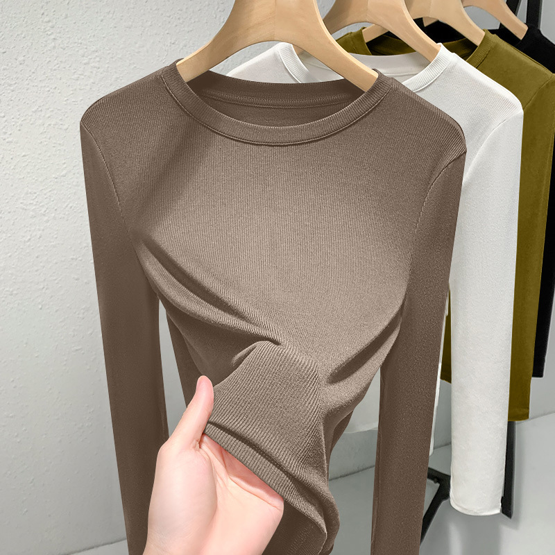 螺纹长袖t恤纯色打底衫女2024春秋季修身圆领百搭休闲上衣体恤女
