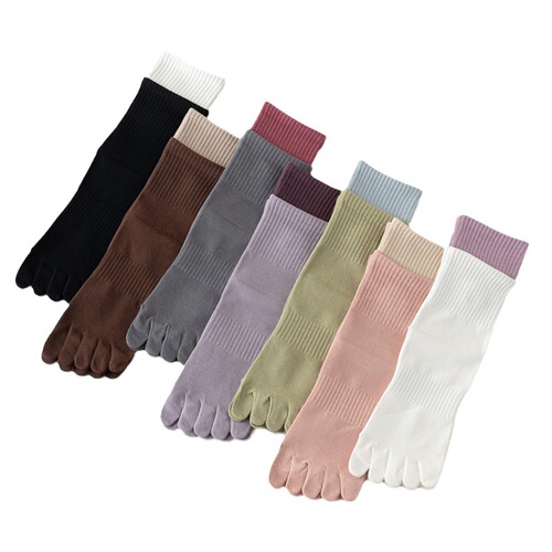 Women's five-finger socks, double-layered, ribbed, color-blocked mid-calf socks, anti-odor, sweat-absorbent, sports tabi socks, spring and autumn toe stockings, cotton