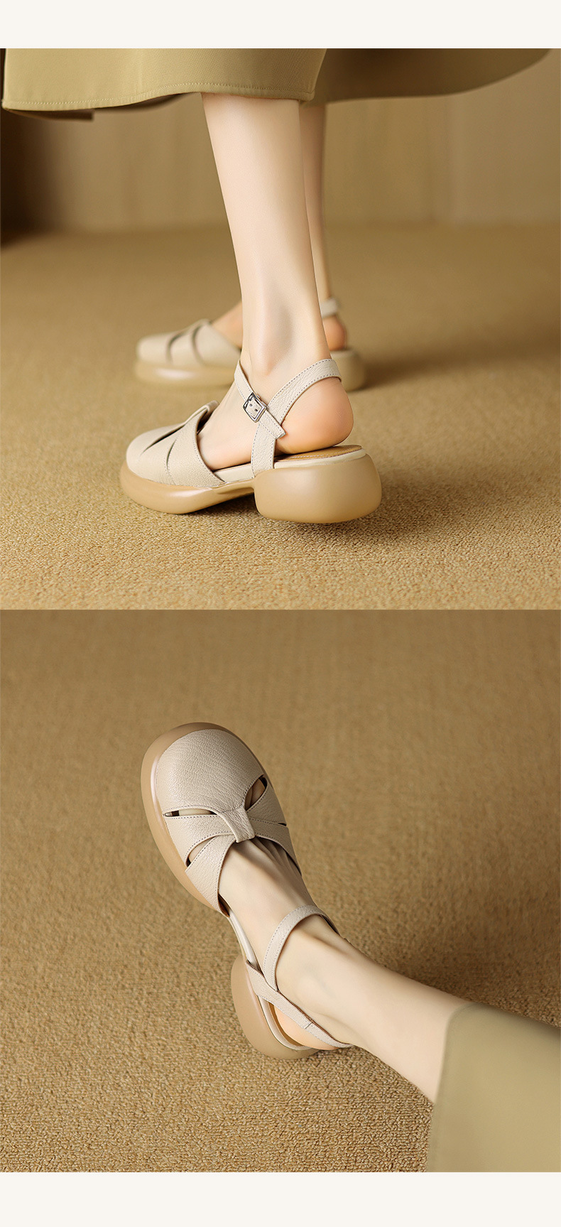 Sandal nữ bít mũi quai ngang da cừu đế dày — Màu trắng be chi tiết 10