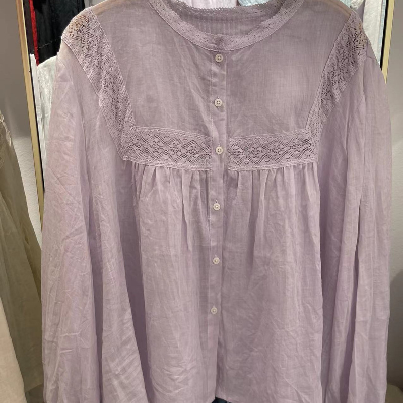 2026 Spring New Women's Round Neck Japanese Style Ramie Top with a Foreign Trade Aesthetic, Artistic Style Shirt, Loose Long Sleeve Blouse