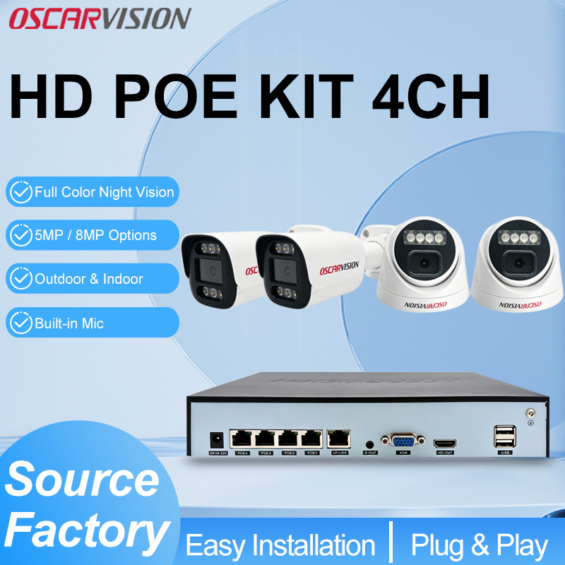 POE-Sicherheitskamerasystem 4K hochauflösende Nachtsichtaufzeichnung Monitor 4-Kanal-Farbkamera für Haus- und Außenbereich