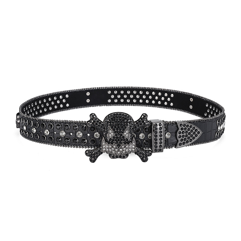 Europeo y americano oscuro cráneo hebilla rhinestone incrustado cinturón de alta gama completo diamante lentejuelas hip hop decorativo discoteca cinturón hombres y mujeres