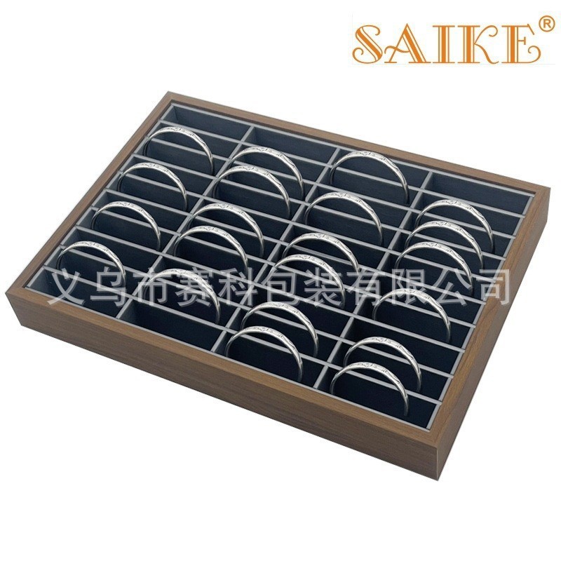 现货批发黑胡桃纹木质40位手镯手环销售展示盘内枪灰拉丝皮超纤绒