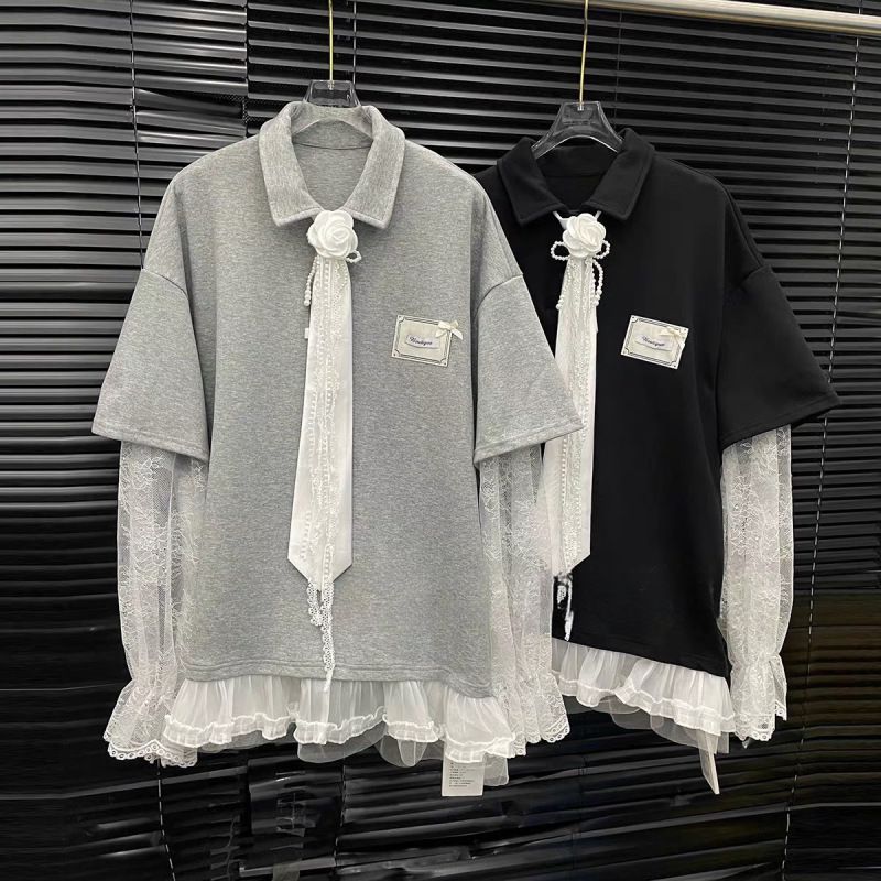 2026 Spring New Style Lace Patchwork T-Shirt for Women with Tie, Loose Fashionable Turn-Down Collar Long Sleeve Faux Two-Piece Top 2026 Spring New Style Lace Patchwork T-Shirt for Women with Tie, Loose Fashionable Turn-Down Collar Long Sleeve Faux Two-Piece Top