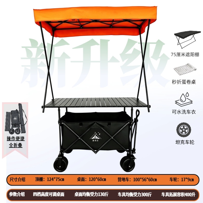 Carro Plegable de Campamento y Puesto de Metal con Mango Telescópico para Picnic al Aire Libre