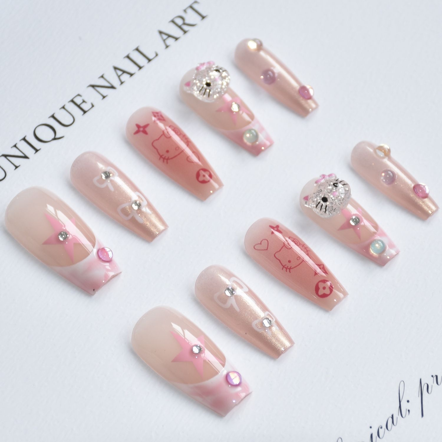 10 piezas de uñas largas, gatos lindos, taladro de uñas hechas a mano, productos terminados, uñas falsas desmontables al por mayor