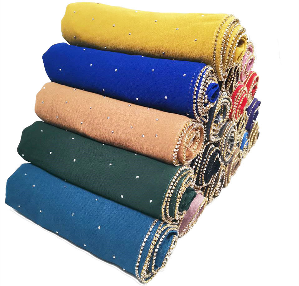 新款珍珠雪纺镶钻头巾女士长巾烫钻链条头巾长款围巾披肩   YS010