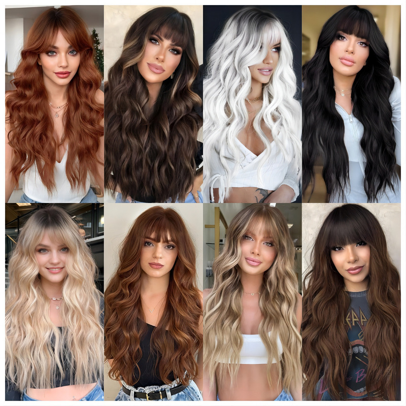Temu foreign trade hot wig women's black gradient white neat bangs big wave long curly hair high temperature silk full head cover