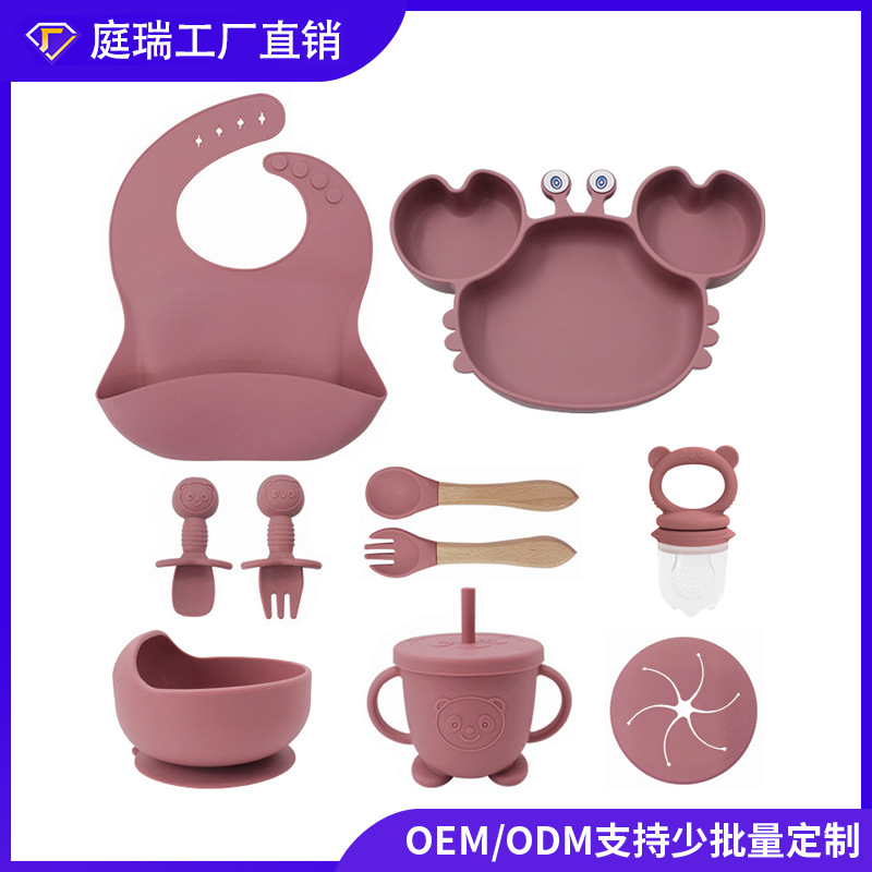 Plato de silicona para niños set de cangrejo para bebés alimentando bacon portátil para comer tenedor cuchara set de bolos de alimentos suplementarios