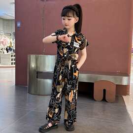 女童薄款夏装套装2025新款韩版女中大童雪纺涂鸦防蚊裤洋气两件套
