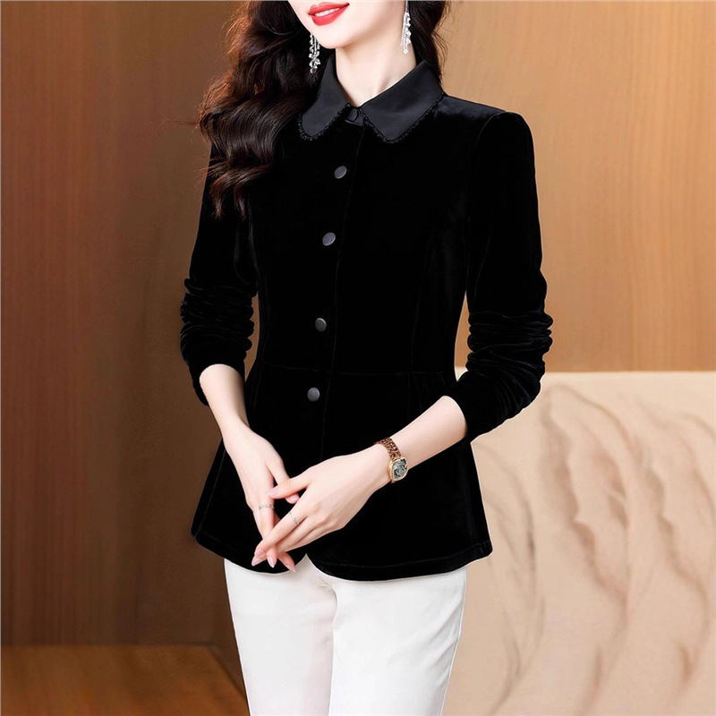 Dropshipping 2025 Autumn/Winter New Black Velvet Slim Fit Polo Collar Long Sleeve Shirt for Women Elegant Style Dropshipping 2025 Autumn/Winter New Black Velvet Slim Fit Polo Collar Long Sleeve Shirt for Women Elegant Style
