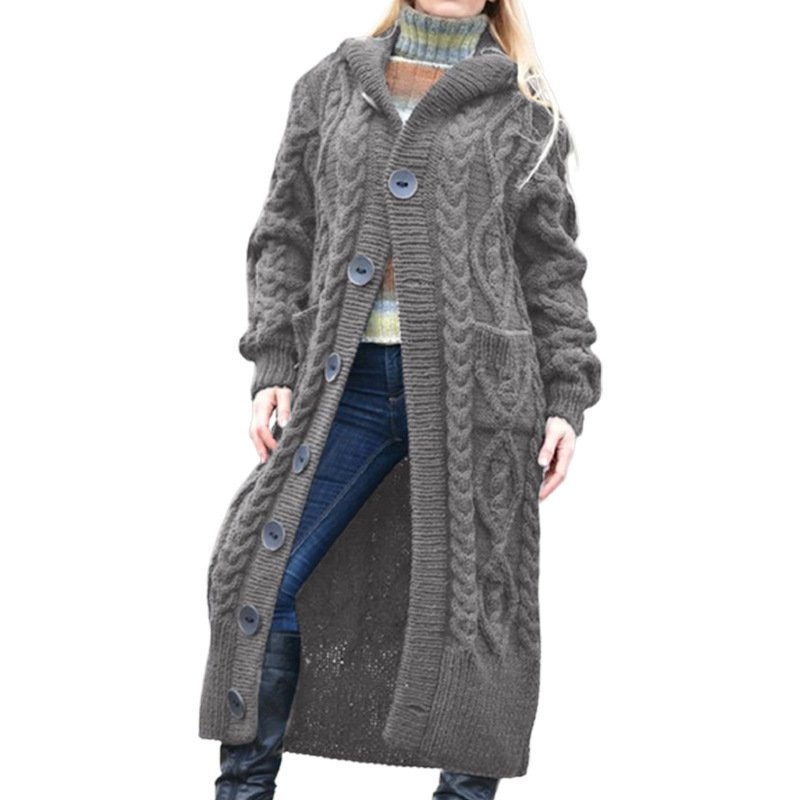 Suéter Largo de Punto con Botones y Capucha para Mujer, Color Sólido, Estilo Cardigan, Novedad Otoño-Invierno 2025, Comercio Exterior Transfronterizo, Amazon