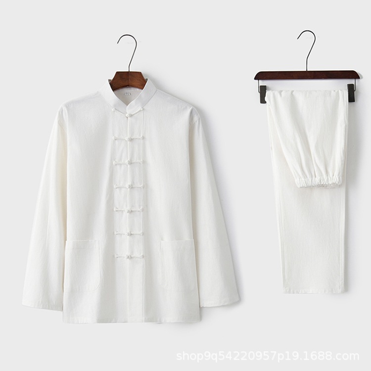 Chinese Style Tang Suit Men's Long-Sleeved Cotton and Linen Suit Chinese Retro Buttoned Top Han Dynasty Tea Suit Middle-Aged and Elderly Two-Piece Set