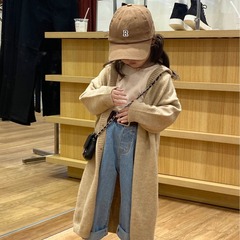 童裝 2024春季韓版 女童寬鬆慵懶風長款針織毛線衫單排扣連帽外套