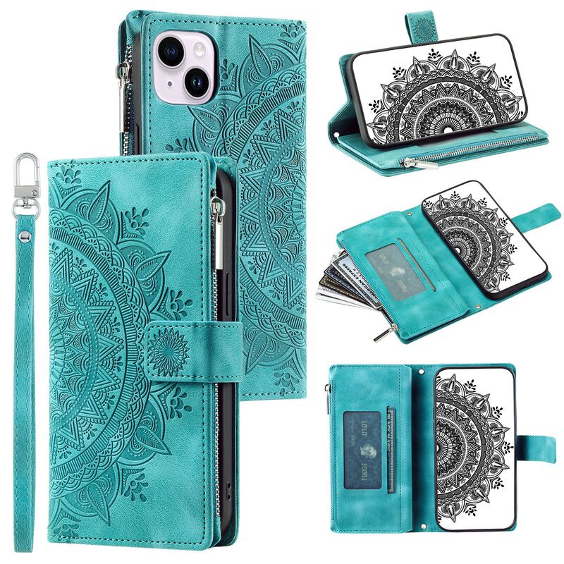S23FE embossed multi-card zipper bag protective cover suitable for iphone15 totem zipper eight card mobile phone leather case